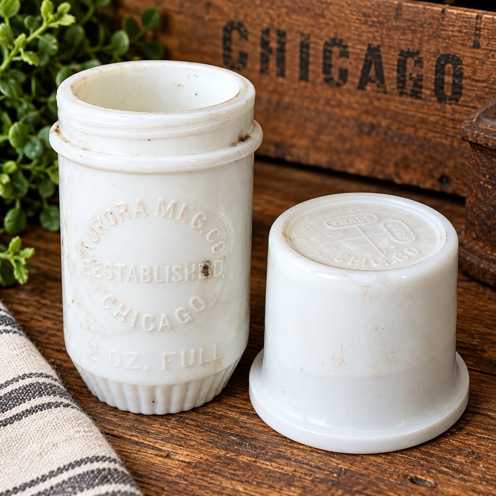 Antique Aurora Mfg Co Chicago Milk Glass Jar Container w Cover Plumbing